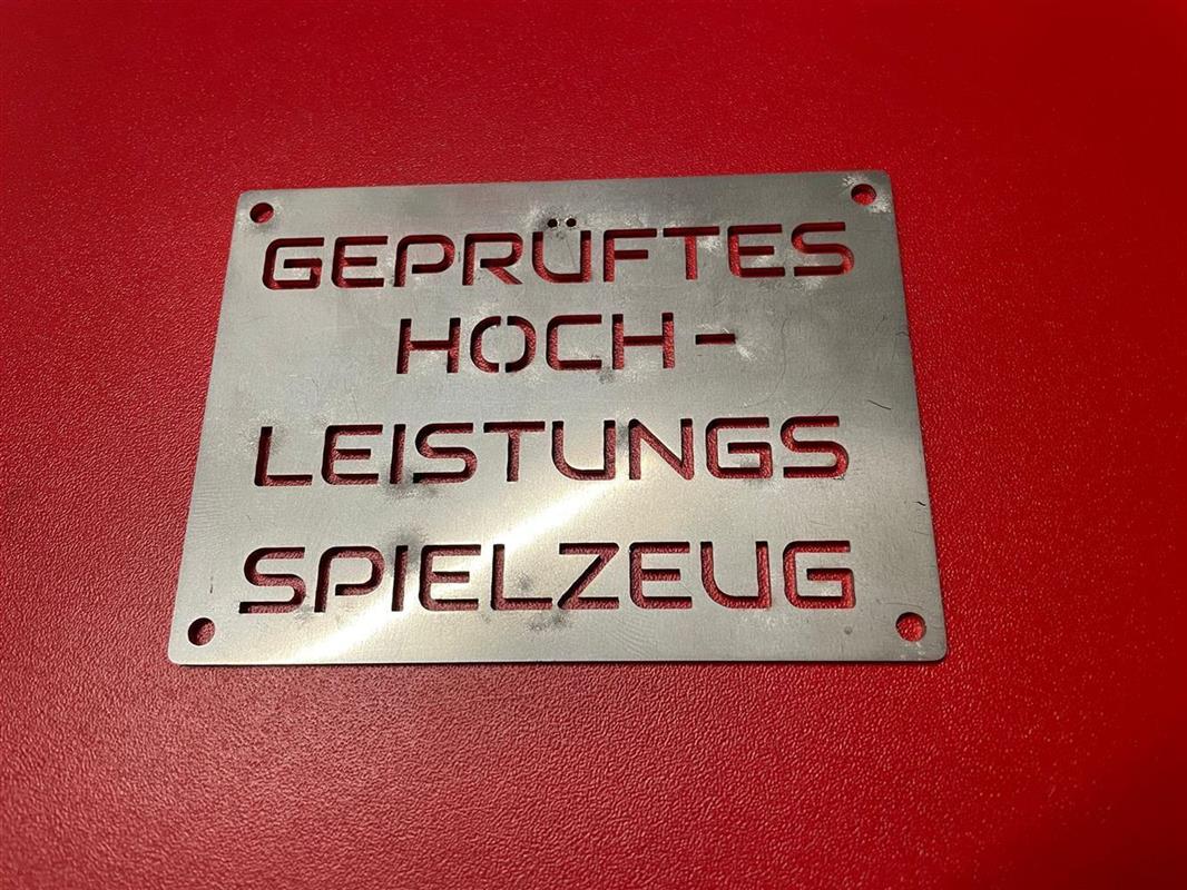 Edelstahl Hinweisschild Yamaha 79 mm x 109 mm "Hochleistungsspielzeug"